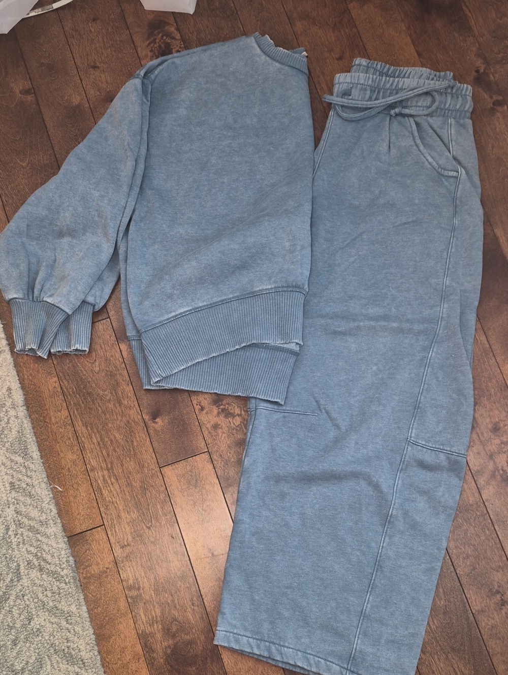 Zenana Outfitters Dusty Blue Drawstring Barrel Pants With Sweatshirt Top